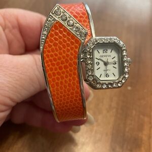 Geneva Orange and Silver Watch with Crystal Accents
